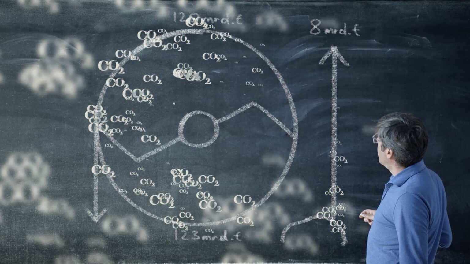 Klimaexperte Andreas Jäger visualisiert CO2 Ausstoss fossiler Brennstoffe auf einer Tafel | Mit dem Wald gegen die Klimakrise