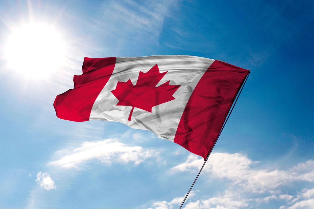 Canadian Flag blowing in the wind, blue sky and sun | Hargassner North America