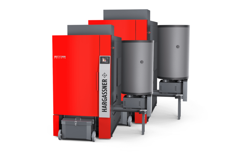 Pellet boiler Eco-PK Cascades up to 2 MW in Hargassner red